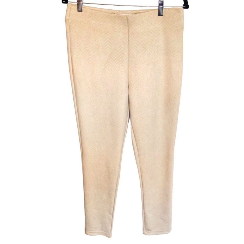 New Paparazzi Beige Stretch Faux Suede Leggings Herringbone Embossed Pant Office